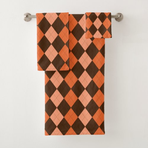 Retro Orange  Brown Autumn Argyle Bath Towel Set