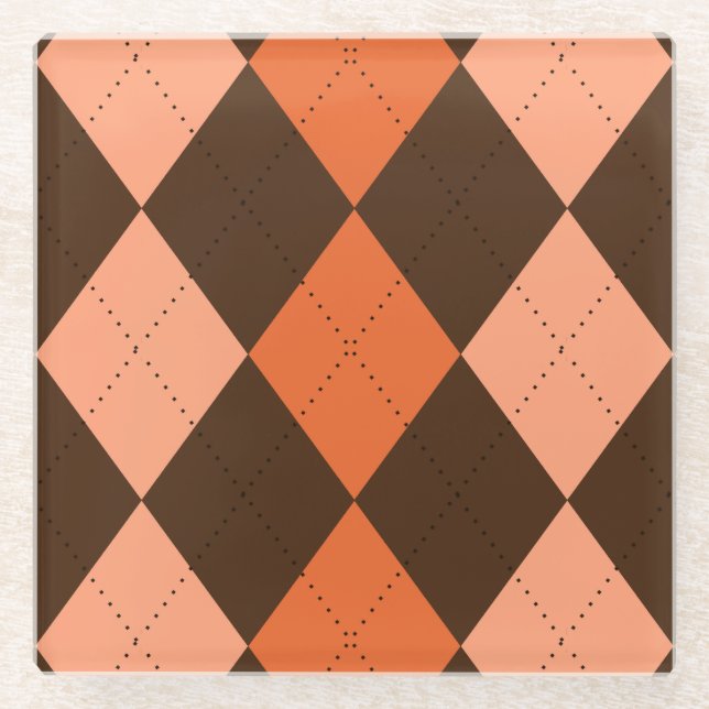Retro Orange & Brown Autumn Argyle Glass Coaster (Front)