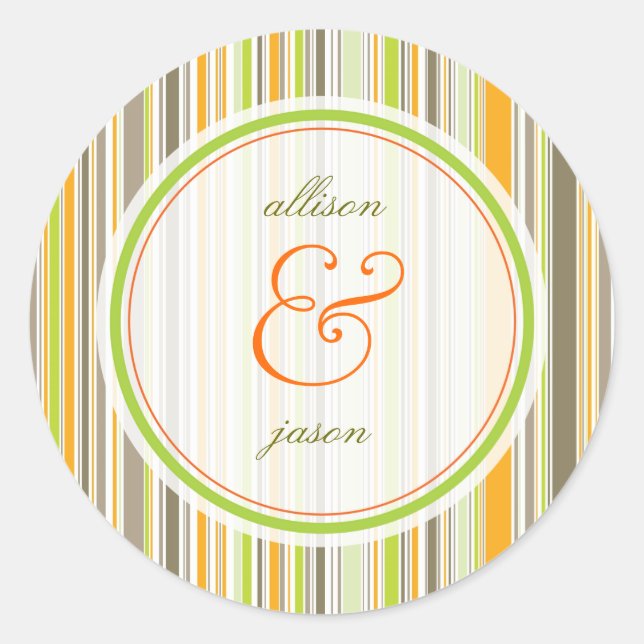 Retro Orange Brown Green Stripes Wedding Sticker (Front)
