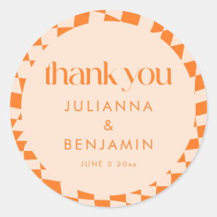 Retro Orange Check Custom Wedding Thank You Classic Round Sticker