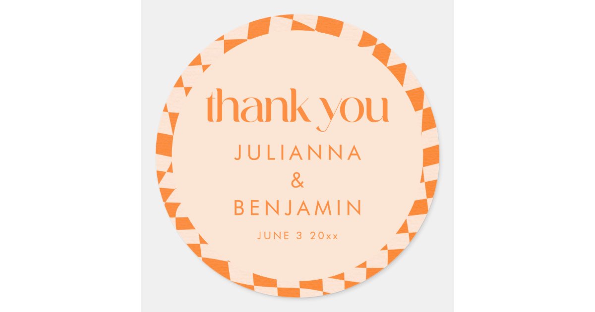 Thank You Rfs Retro Orange Check Custom Wedding Thank You Classic Round Sticker | Zazzle