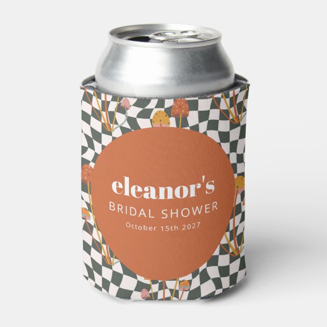 Retro Orange Checker Mushroom Custom Bridal Shower Can Cooler (Can Front)