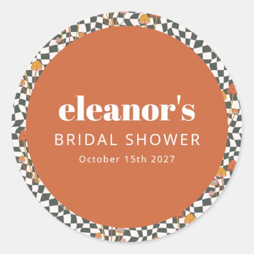 Retro Orange Checker Mushroom Custom Bridal Shower Classic Round Sticker