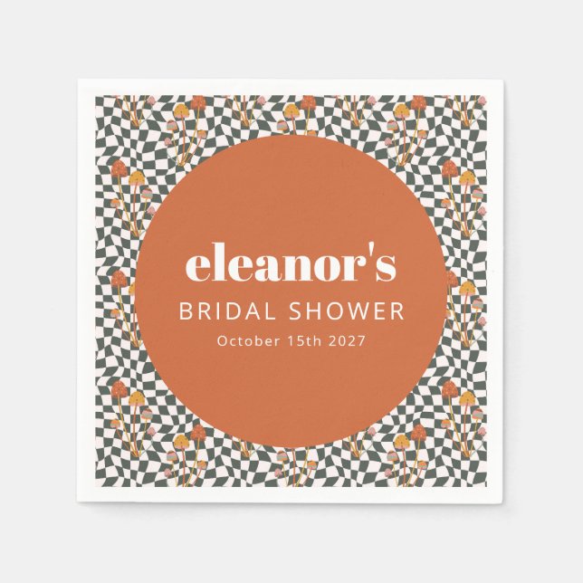 Retro Orange Checker Mushroom Custom Bridal Shower Napkins (Front)