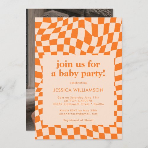 Retro Orange Checkerboard Baby Shower Photo Invitation