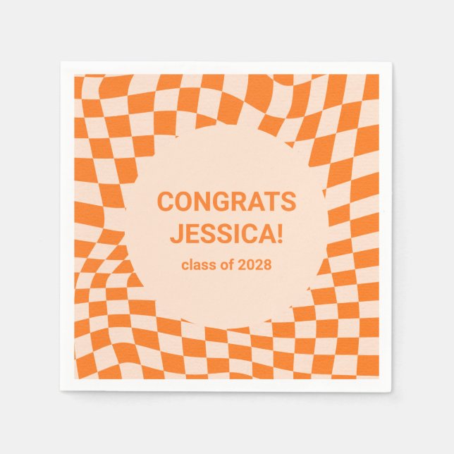 Retro Orange Checkerboard Graduation Party Custom  Napkins (Front)