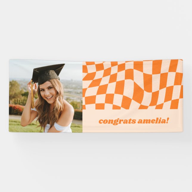 Retro Orange Checkerboard Graduation Photo Congrat Banner (Horizontal)