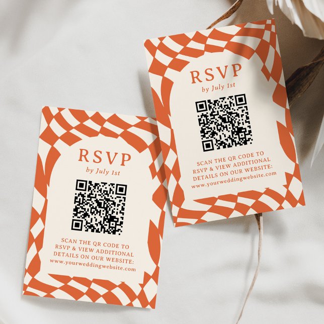 Retro Orange Checkerboard QR Code Wedding RSVP Card (Creator Uploaded)