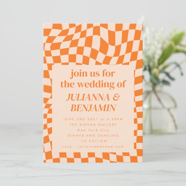 Retro Orange Checkerboard Wedding All In One  Invitation (Standing Front)