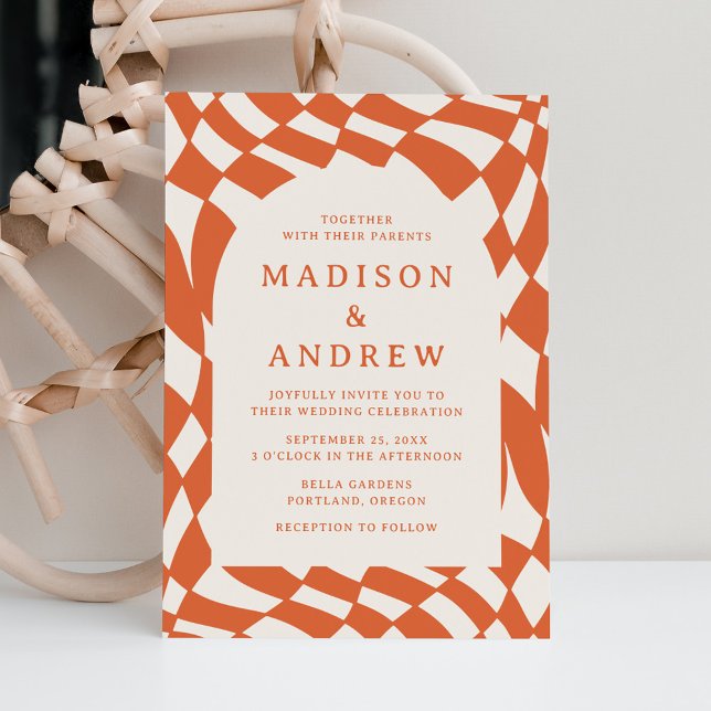 Retro Orange Checkerboard Wedding Invitation (Creator Uploaded)
