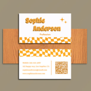 Retro Orange Checkerboard with QR Code Business Card