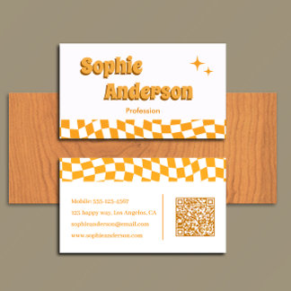 Retro Orange Checkerboard with QR Code Business Card