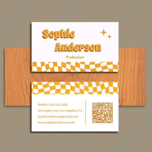 Retro Orange Checkerboard with QR Code Business Card (Creator Uploaded)