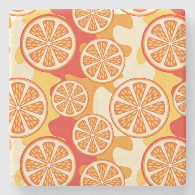 Retro Orange Citrus Pattern Stone Coaster (Front)