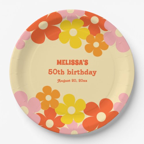 Retro Orange Colorful Boho Flower 50th Birthday Paper Plates