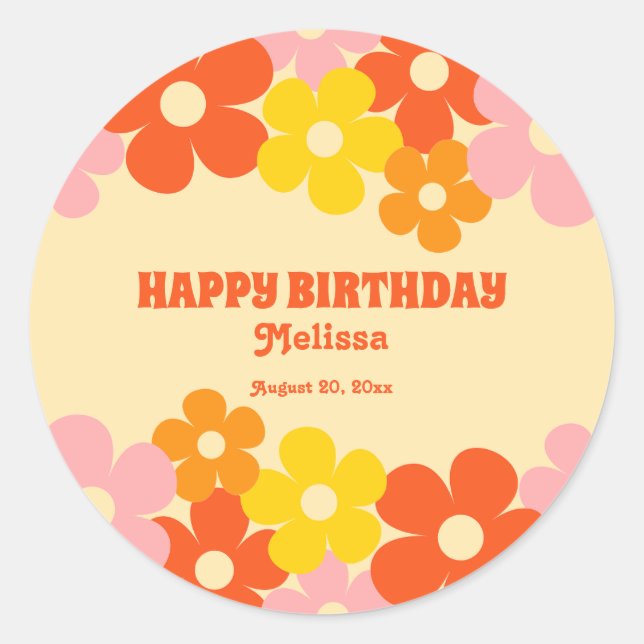 Retro Orange Colorful Boho Flower Happy Birthday Classic Round Sticker (Front)