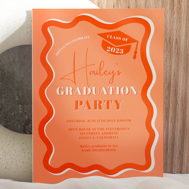 Retro orange curve squiggle wavy graduation invitation