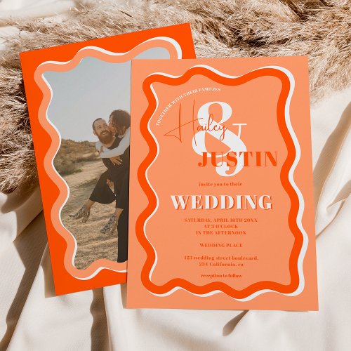 Retro orange curve squiggle wavy wedding photo invitation