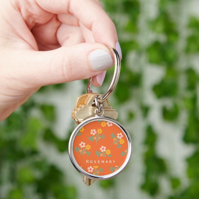 Retro Orange Daisy Bouquet Pattern  Keychain (Hand)