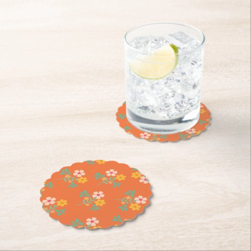 Retro Orange Daisy Bouquet Pattern  Paper Coaster