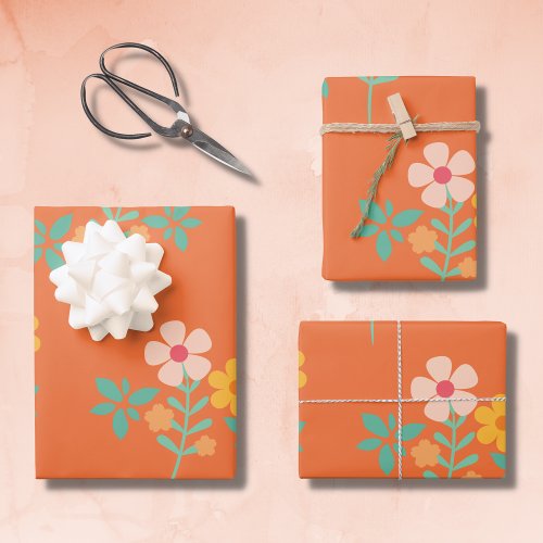 Retro Orange Daisy Bouquet Pattern Wrapping Paper Sheets