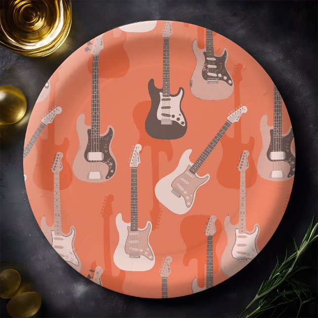 Retro Orange Electric Rock Guitar & Bass Pattern Paper Plates (Rock guitar pattern paper plate in retro orange)