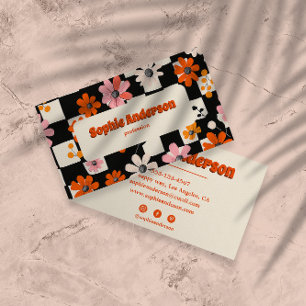 Retro Orange Floral Checkered Business Card