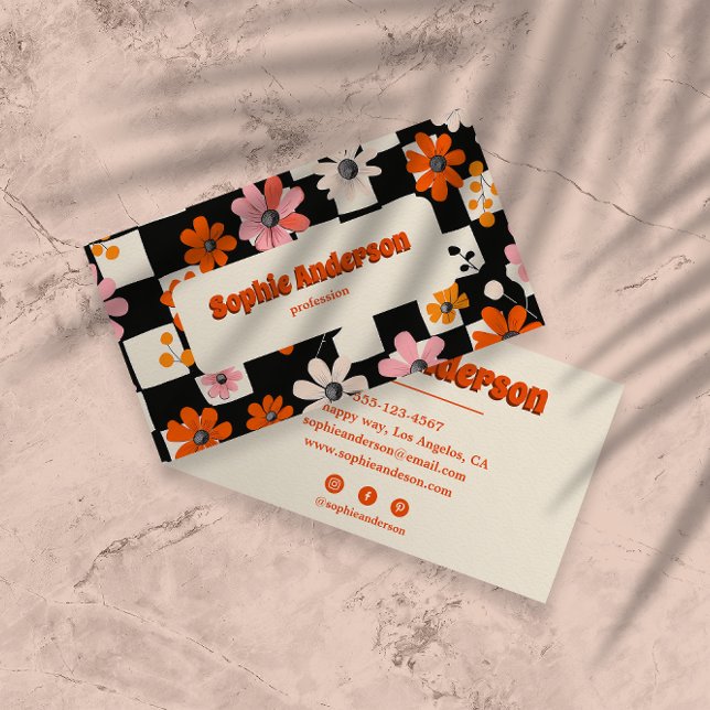 Retro Orange Floral Checkered Business Card (Creator Uploaded)