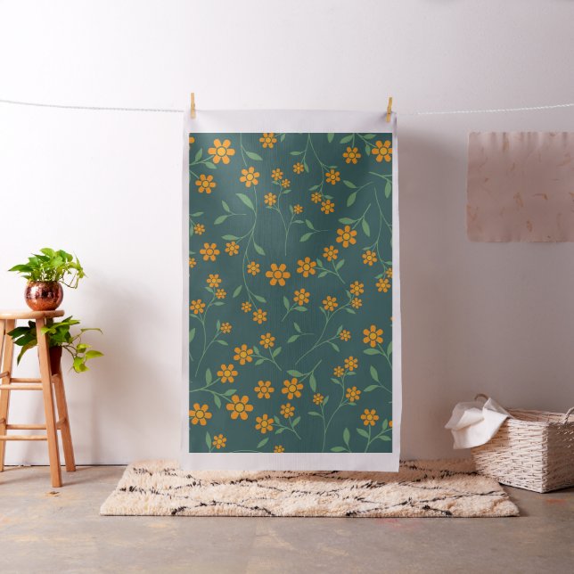 Retro Orange Floral Dark Teal Pattern Fabric (In Situ)