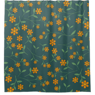 Retro Orange Floral Dark Teal Pattern Shower Curtain