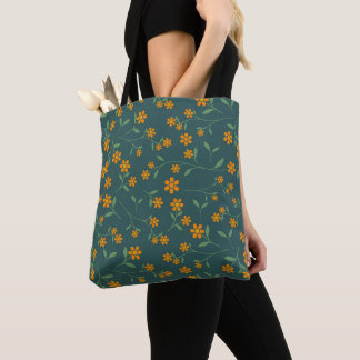 Retro Orange Floral Dark Teal Pattern Tote Bag