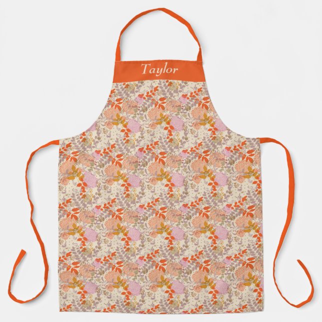 Retro Orange Floral Personalized Apron (Front)