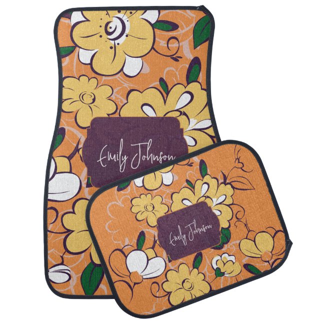 Retro Orange Floral Print Mats Custom Name (Set)