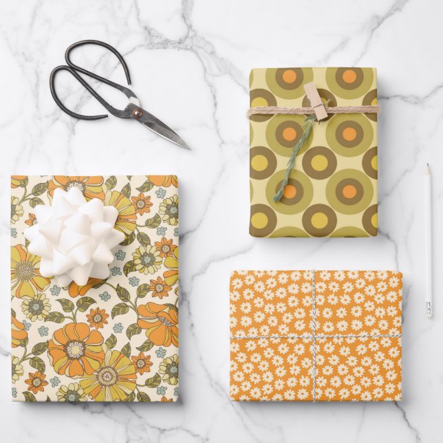 Retro Orange Floral Wrapping Paper Flat Sheet (Front)