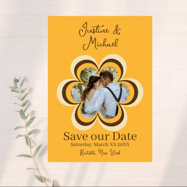 Retro Orange Flower Photo Wedding Save the Date Invitation (Creator Uploaded)