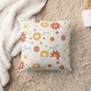 Retro Orange Flowers Fall Autumn Pattern Name Throw Pillow