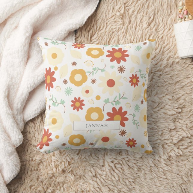 Retro Orange Flowers Fall Autumn Pattern Name Throw Pillow (Blanket)