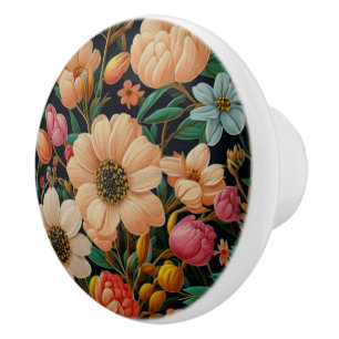 Retro orange flowers teal tulips mums daisy photo ceramic knob