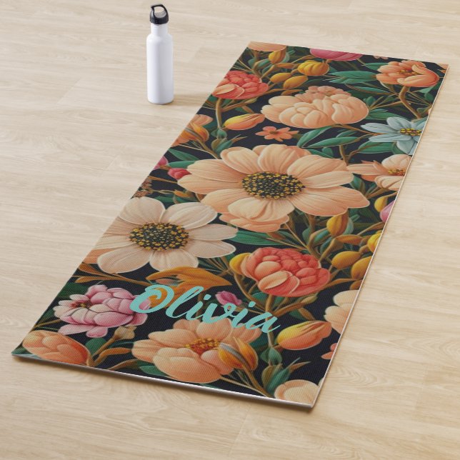 Retro orange flowers teal tulips mums daisy photo yoga mat (In Situ)