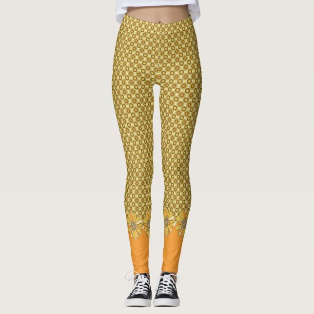 Retro Orange Geometric Floral Leggings (Front)