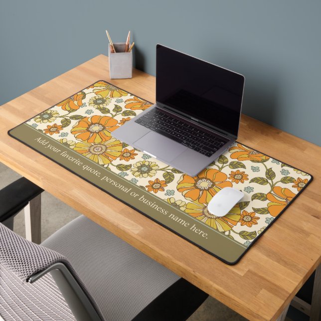 Retro Orange, Gold & Green Floral Custom Text Desk Mat (Office 2)
