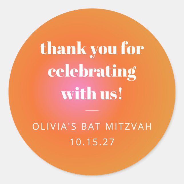 Retro Orange Gradient Bat Mitzvah Custom Thank You Classic Round Sticker (Front)
