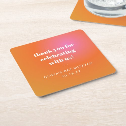 Retro Orange Gradient Bat Mitzvah Custom Thank You Square Paper Coaster