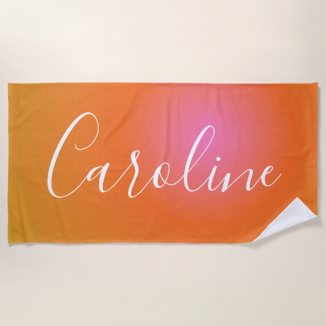 Retro Orange Gradient | Personalized Script Name  Beach Towel (Front)