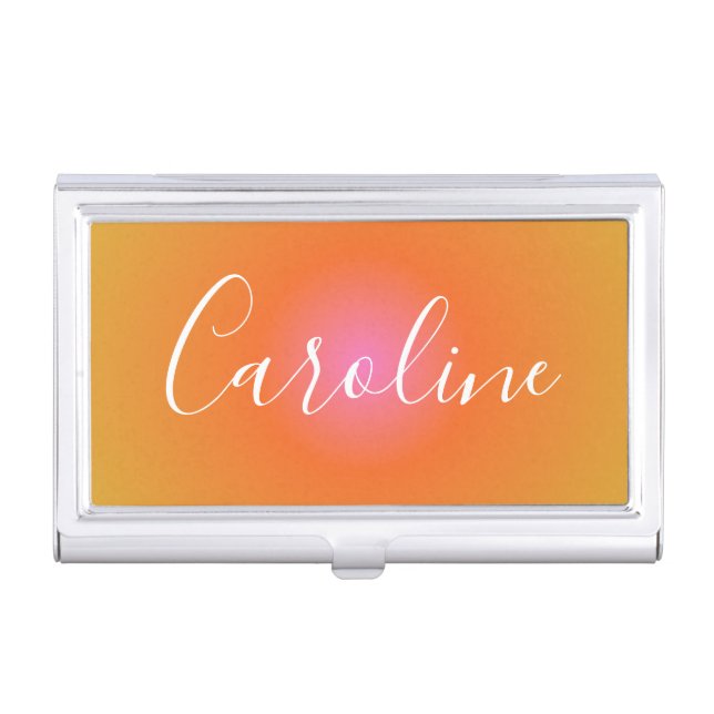 Retro Orange Gradient | Personalized Script Name   Business Card Case (Front)