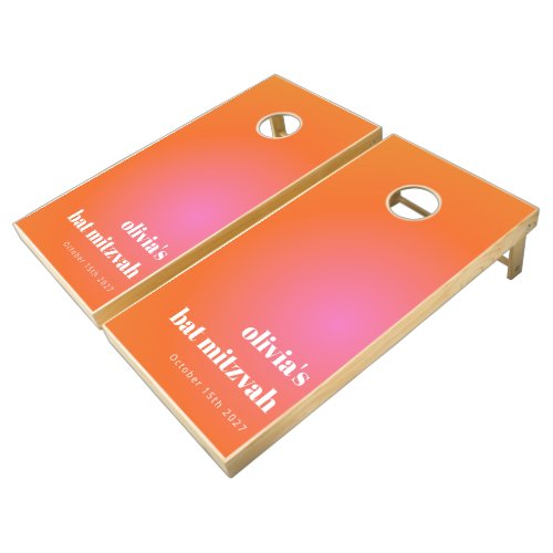 Retro Orange Gradient Unique Bat Mitzvah Custom Cornhole Set