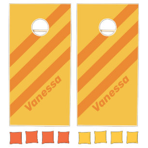 Retro Orange Groove Three Stripes with Name Cornhole Set