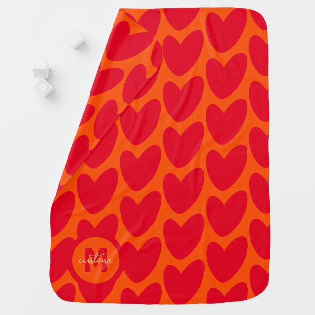 Retro Orange Groovy Red Hearts Baby Name Monogram Blanket (In Situ)
