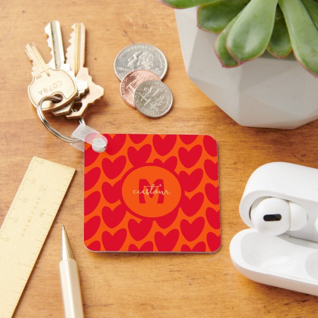Retro Orange Groovy Red Hearts Name Over Monogram Keychain (Desk)