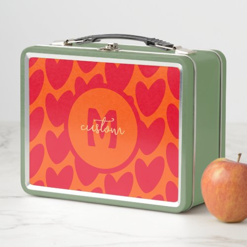 Retro Orange Groovy Red Hearts Name Over Monogram Metal Lunch Box